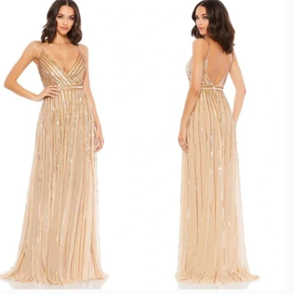 MAC DUGGAL 93801 SEQUINED WRAP OVER SLEEVELESS GOLD/NUDE GOWN sz 6